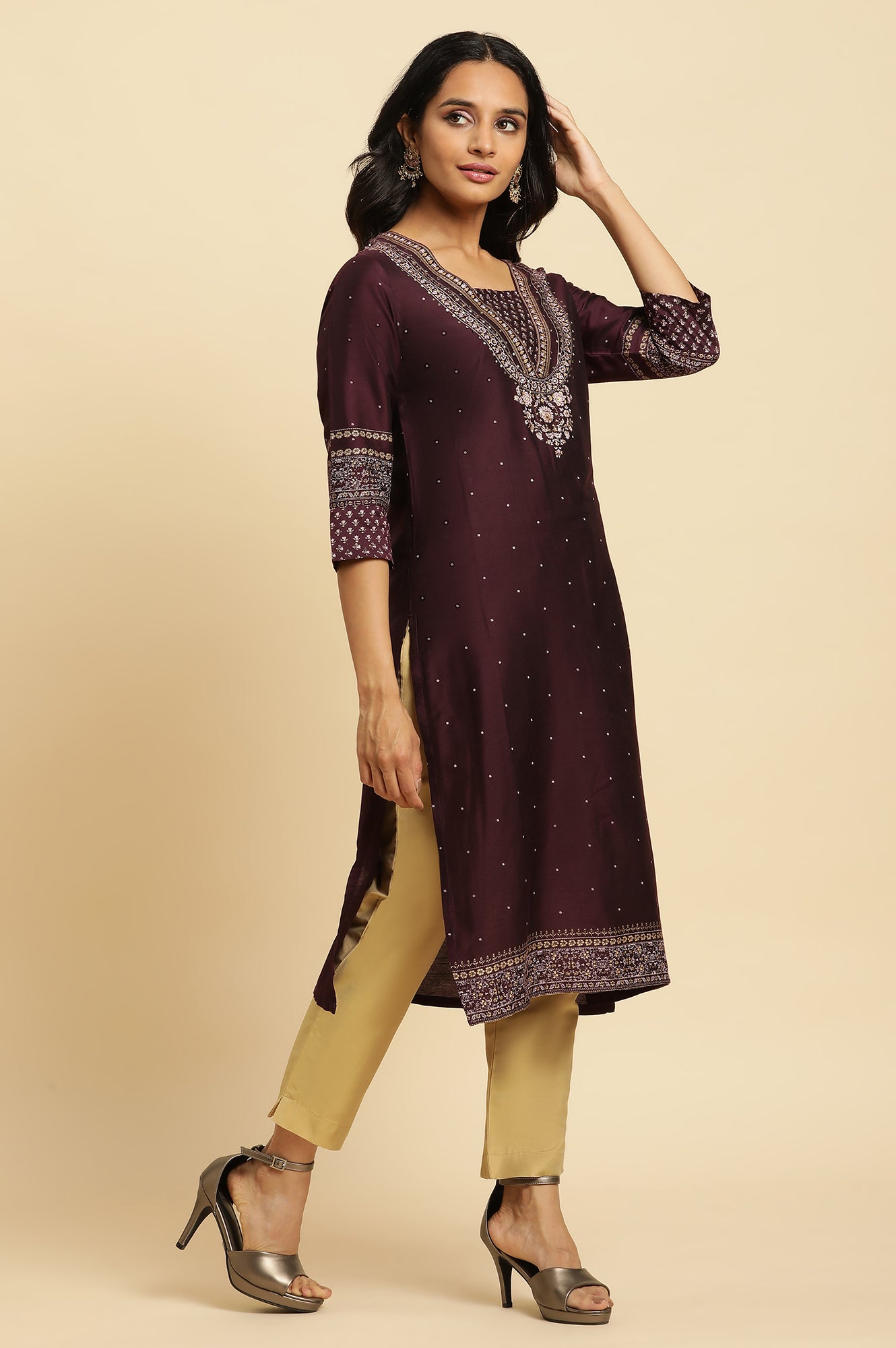 Purple Embellished Straight Festive Kurta - wforwoman