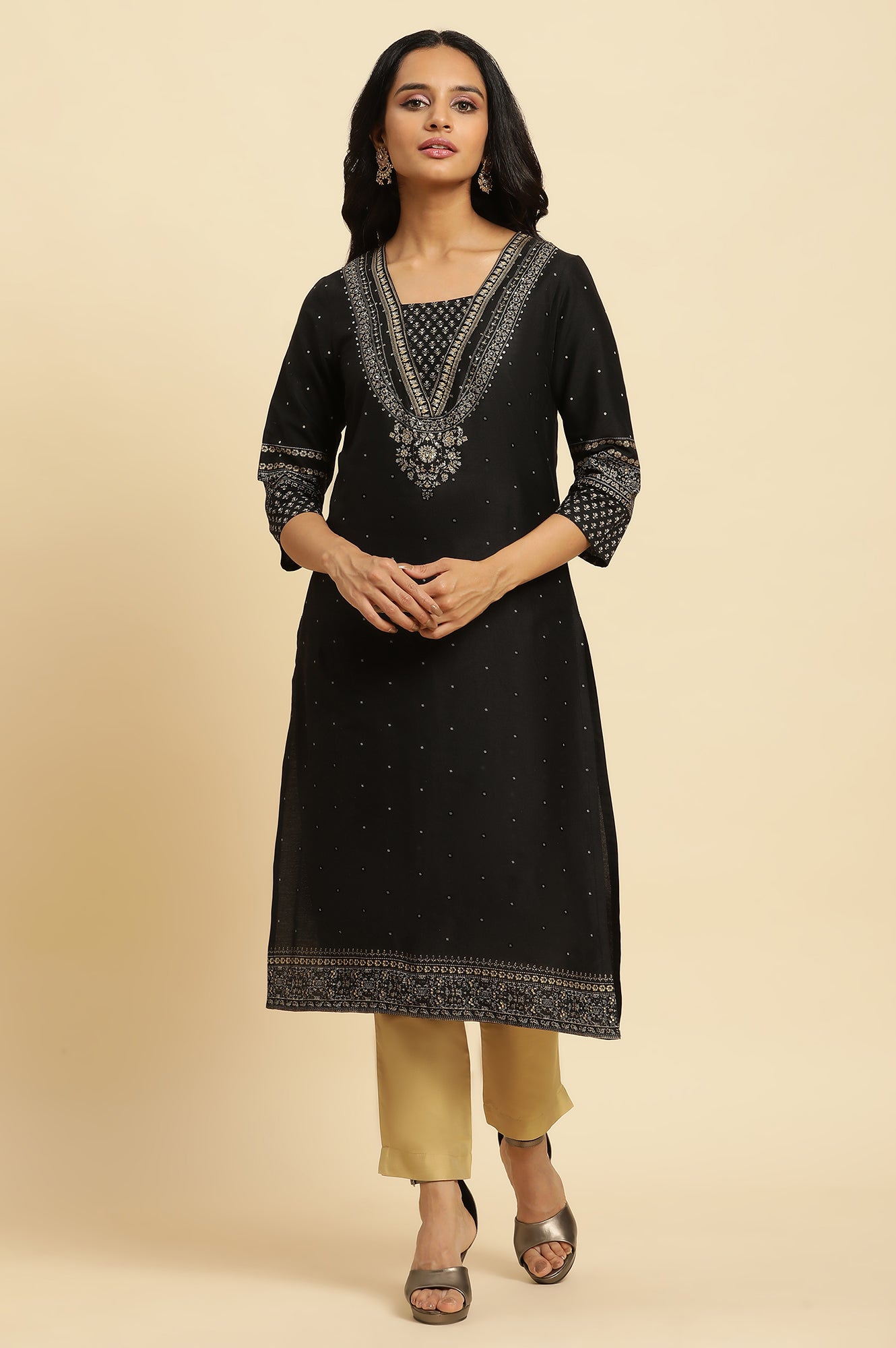 Black Embellished Straight Festive Kurta - wforwoman