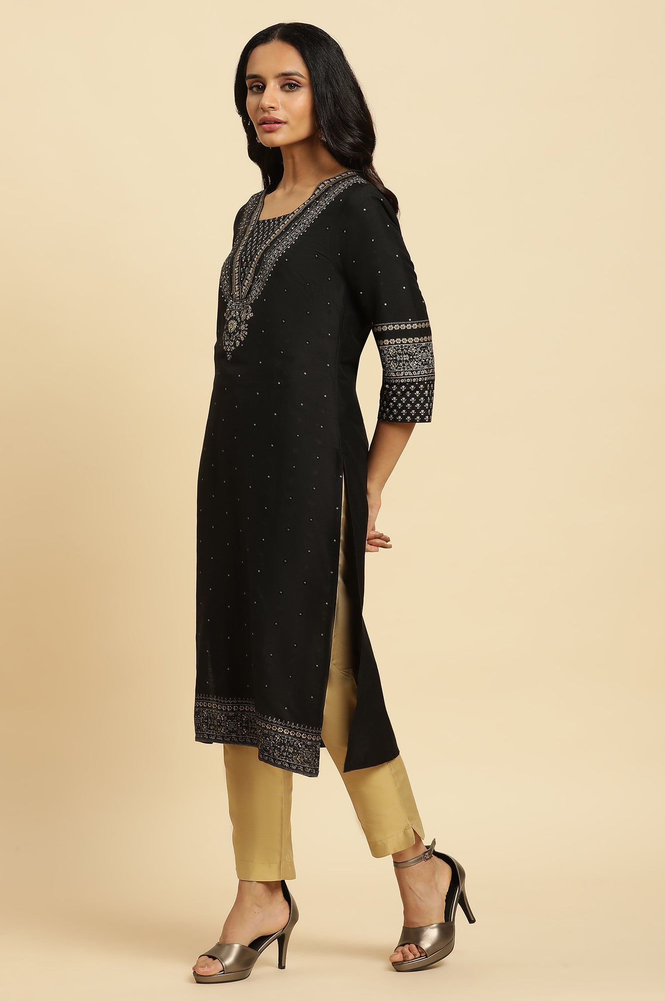 Black Embellished Straight Festive Kurta - wforwoman