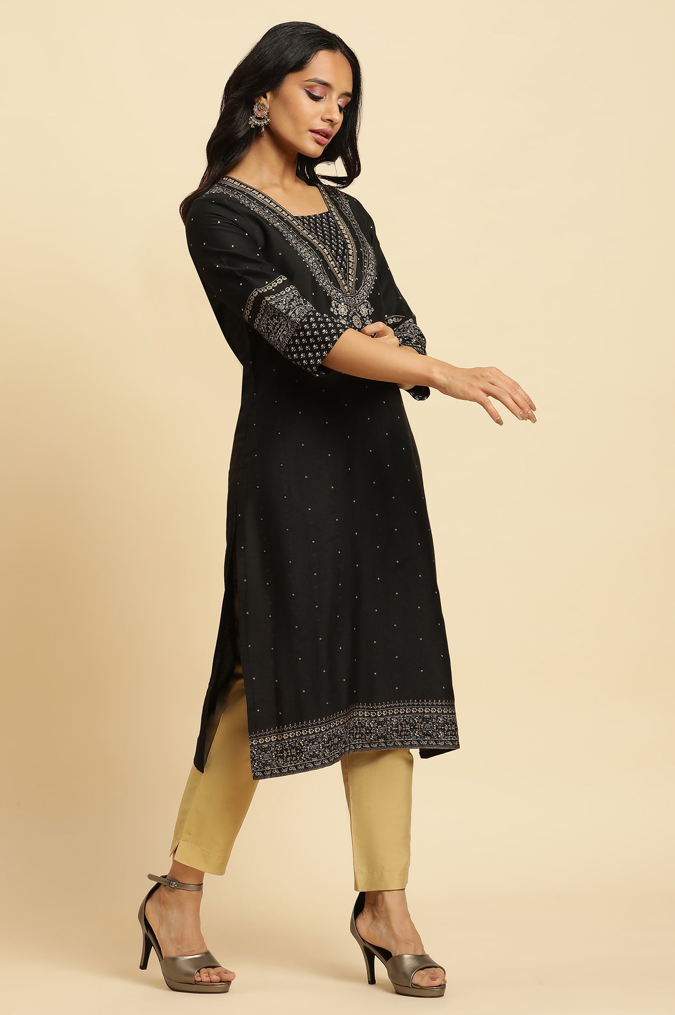 Black Embellished Straight Festive Kurta - wforwoman