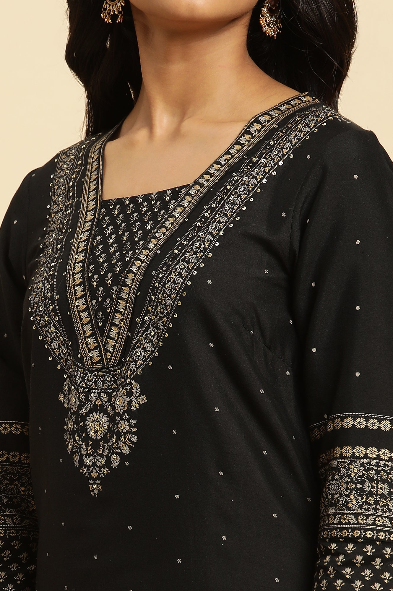 Black Embellished Straight Festive Kurta - wforwoman