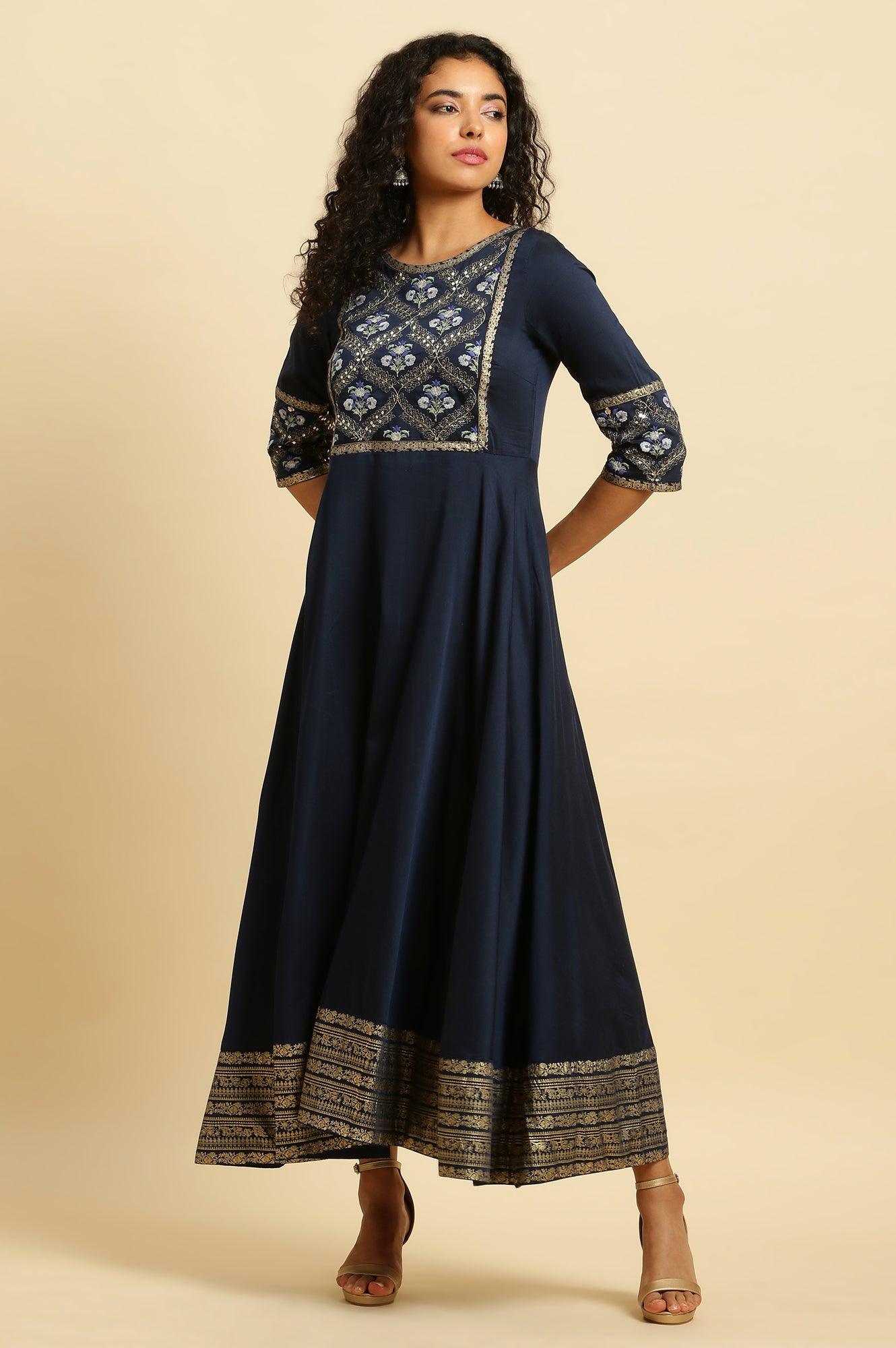 Blue Panelled Embroidered Festive Dress - wforwoman
