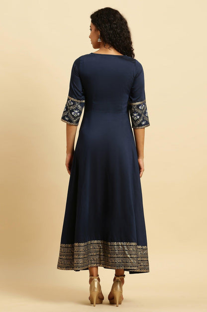 Blue Panelled Embroidered Festive Dress - wforwoman