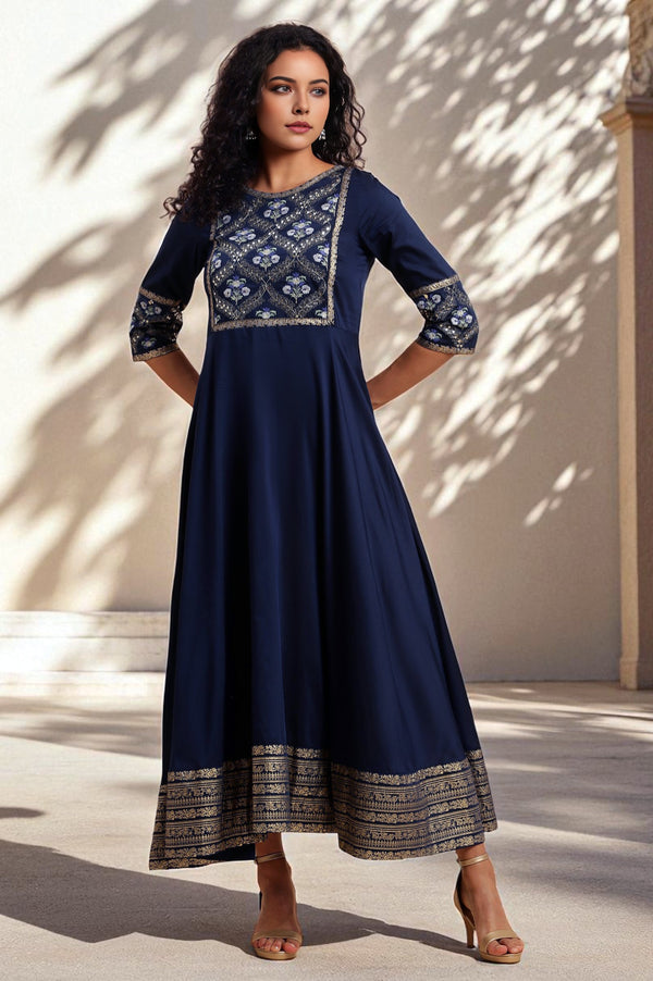 Blue Panelled Embroidered Festive Flared Dress