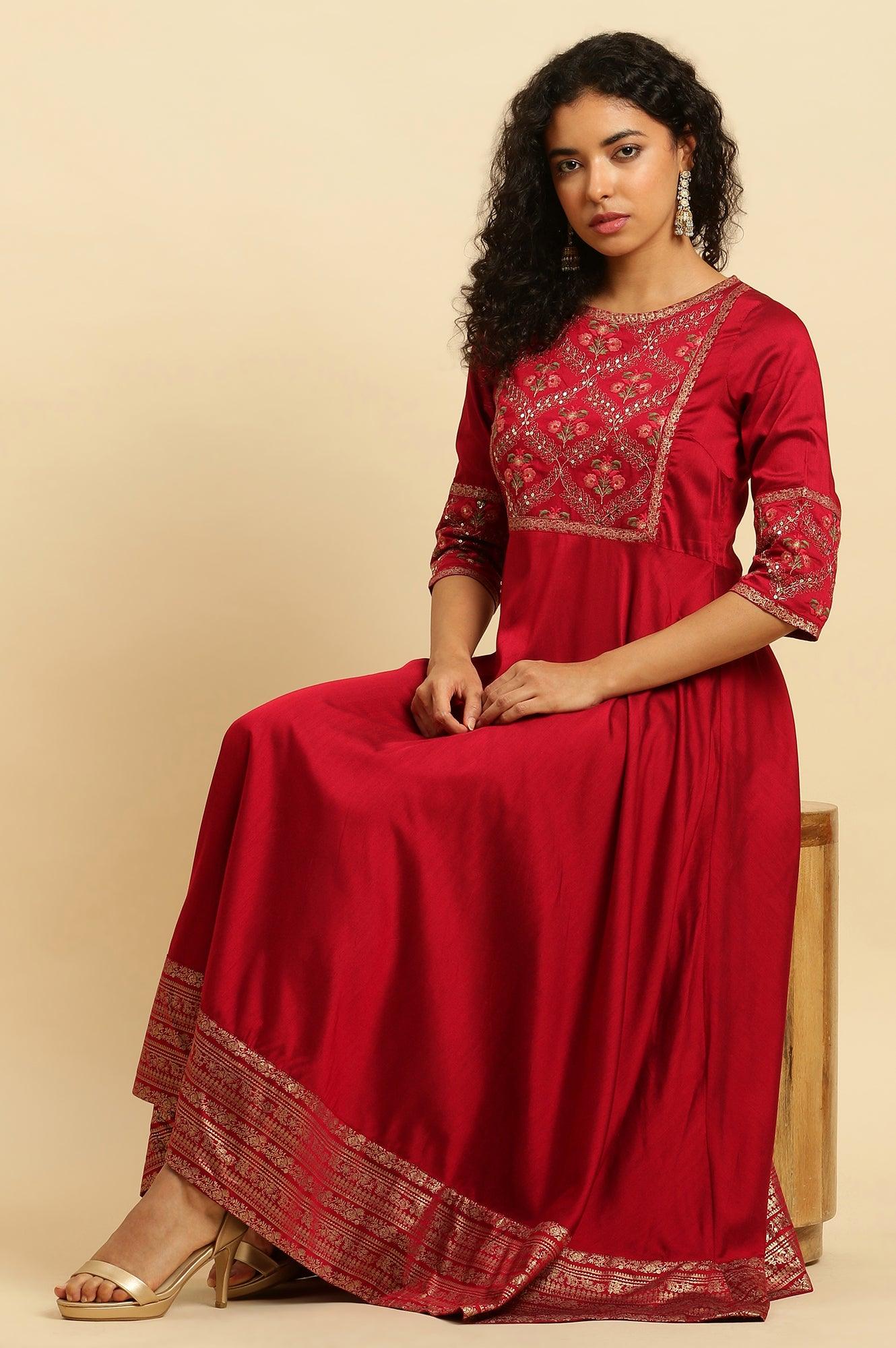 Red Panelled Embroidered Festive Dress - wforwoman