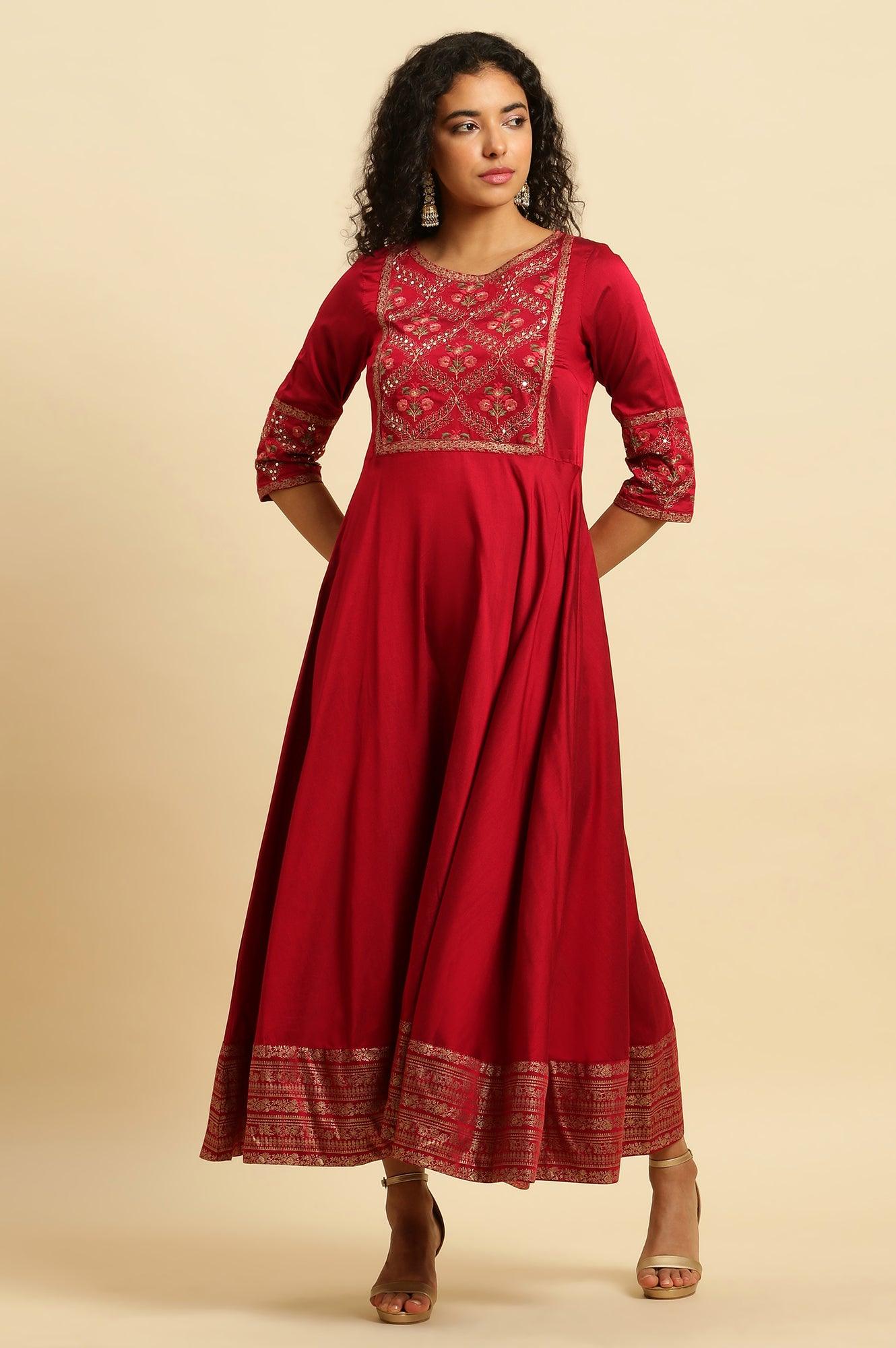 Red Panelled Embroidered Festive Dress - wforwoman