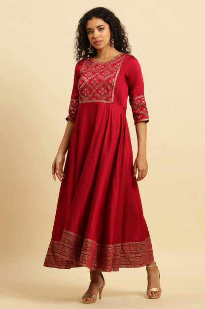 Red Panelled Embroidered Festive Dress - wforwoman