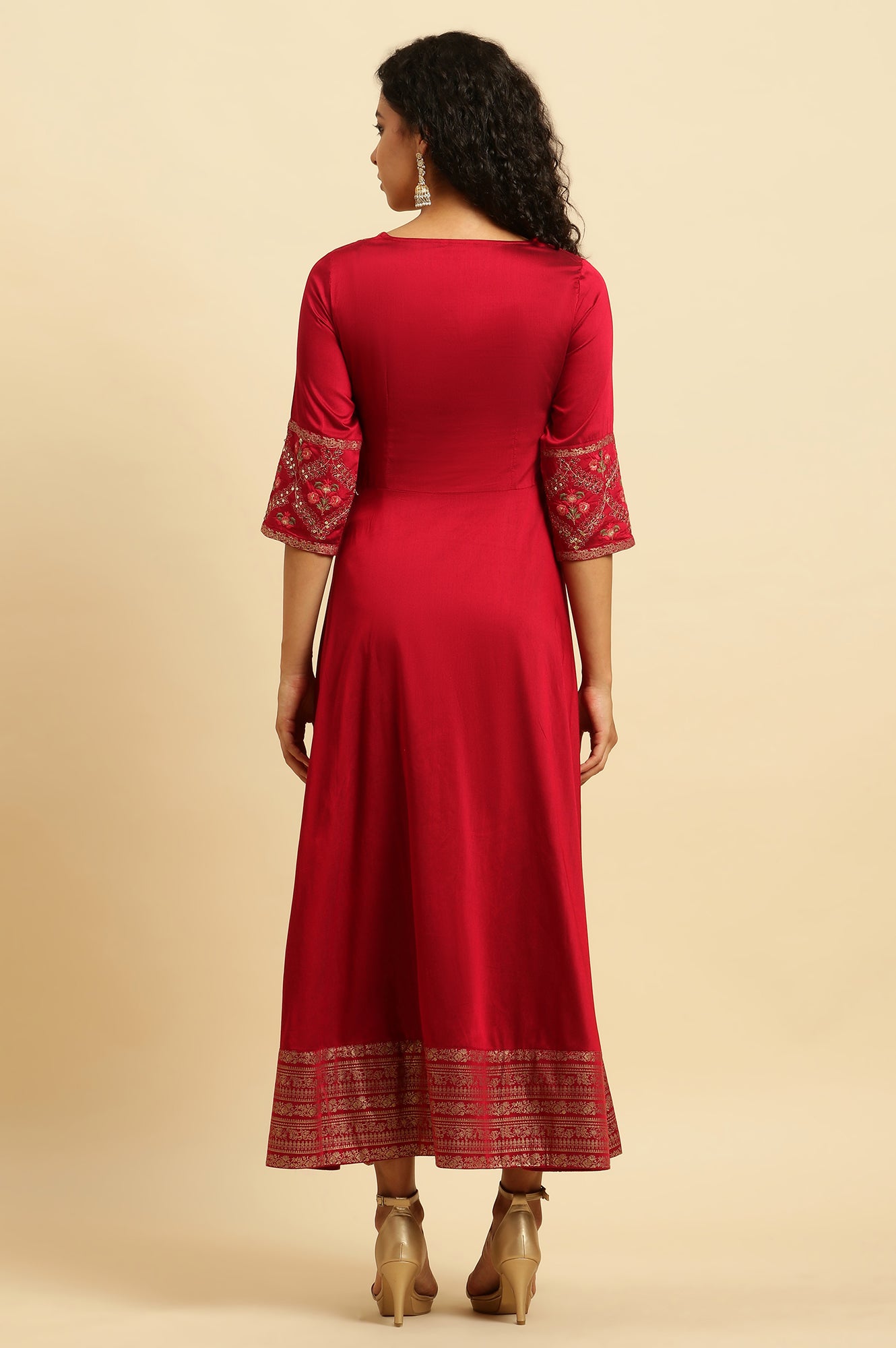 Red Panelled Embroidered Festive Dress - wforwoman