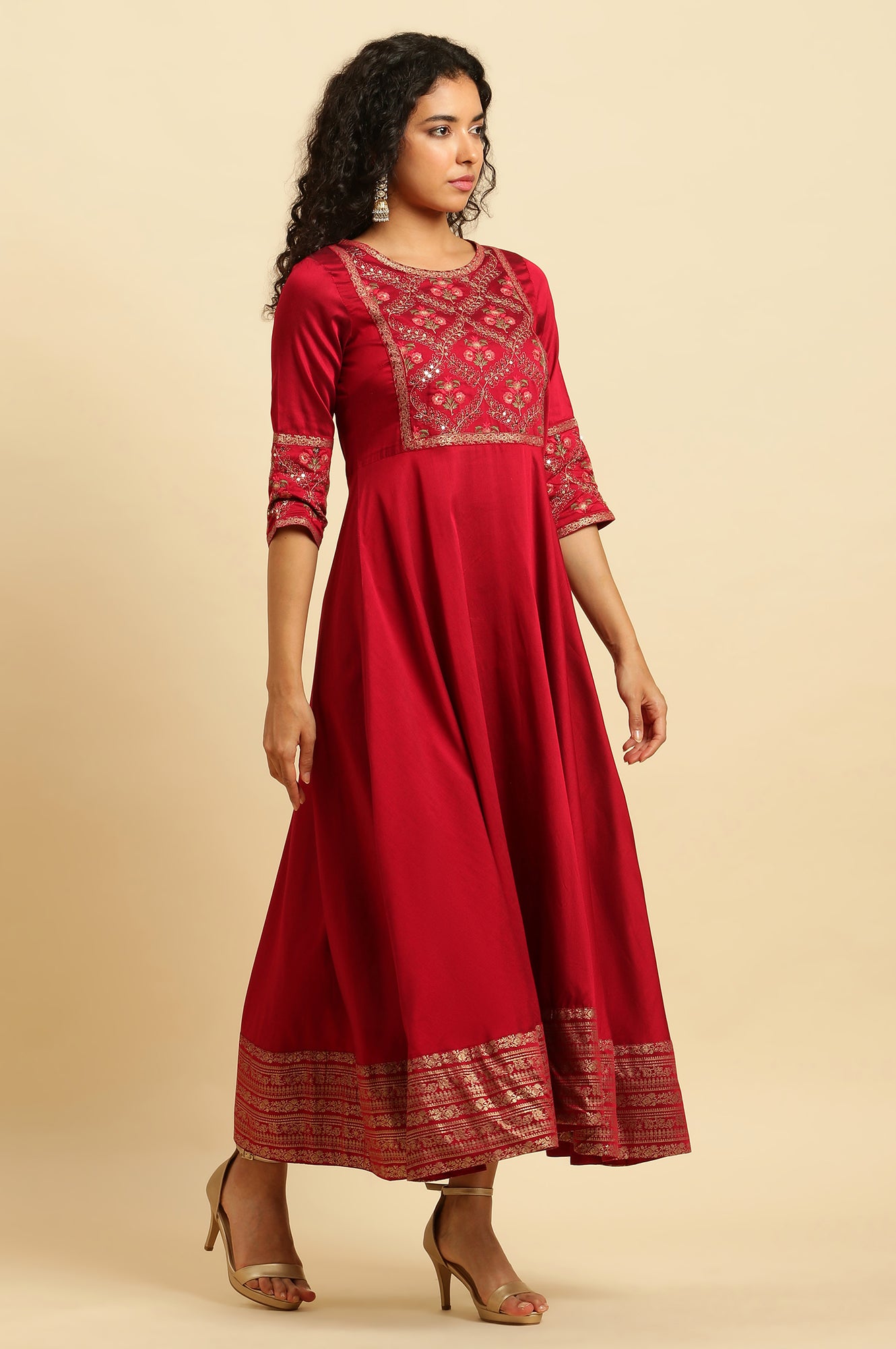 Red Panelled Embroidered Festive Dress - wforwoman