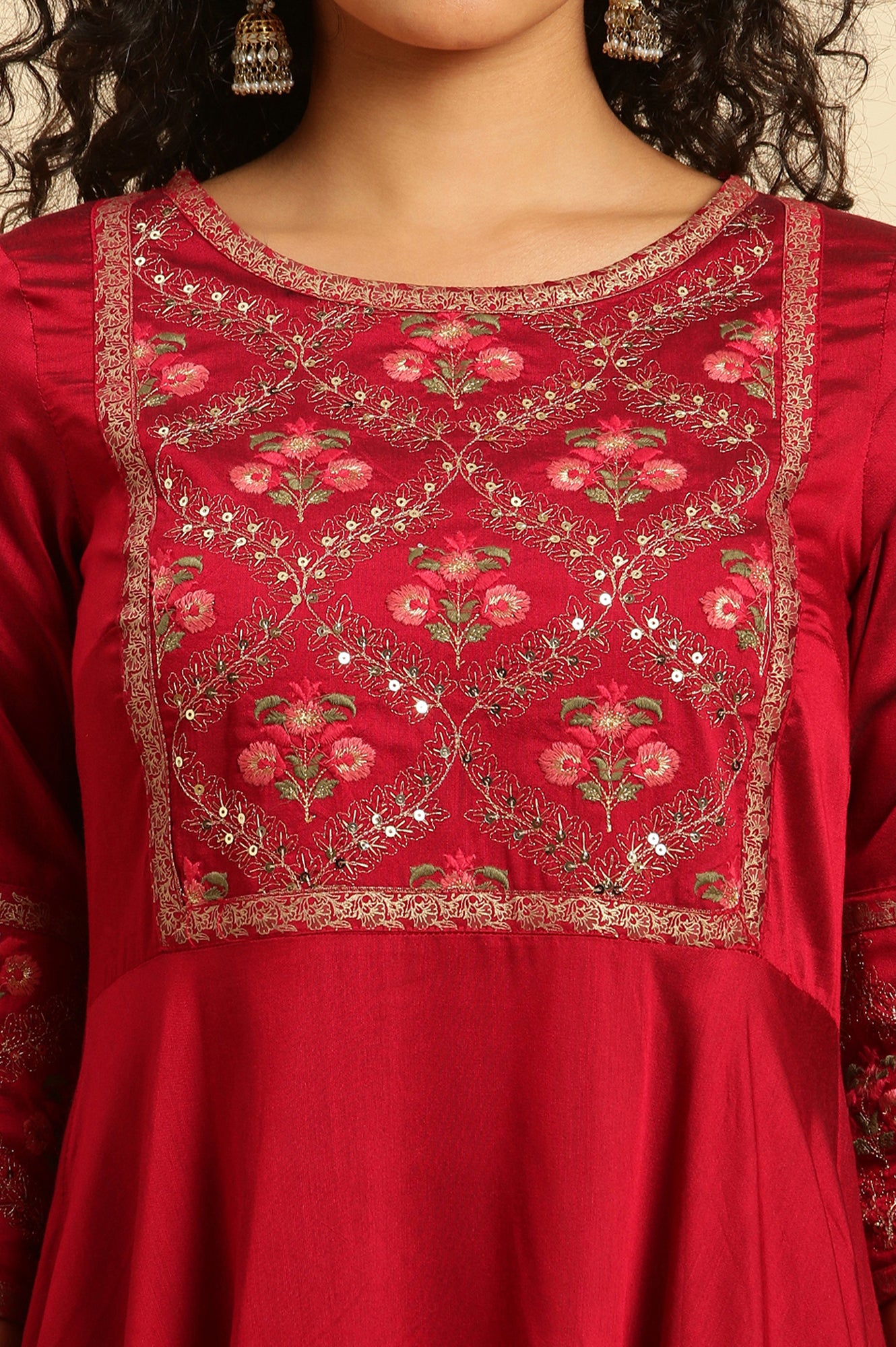 Red Panelled Embroidered Festive Dress - wforwoman