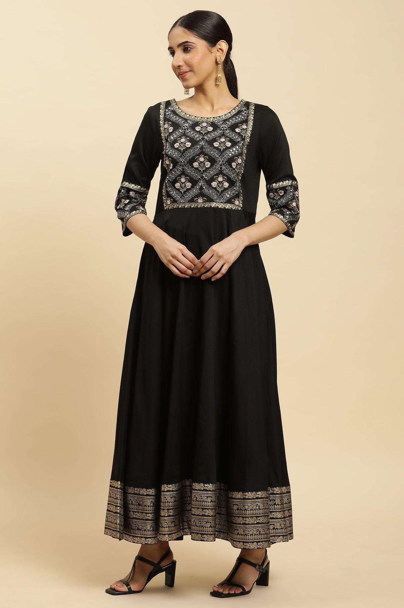 Black Panelled Embroidered Festive Dress - wforwoman
