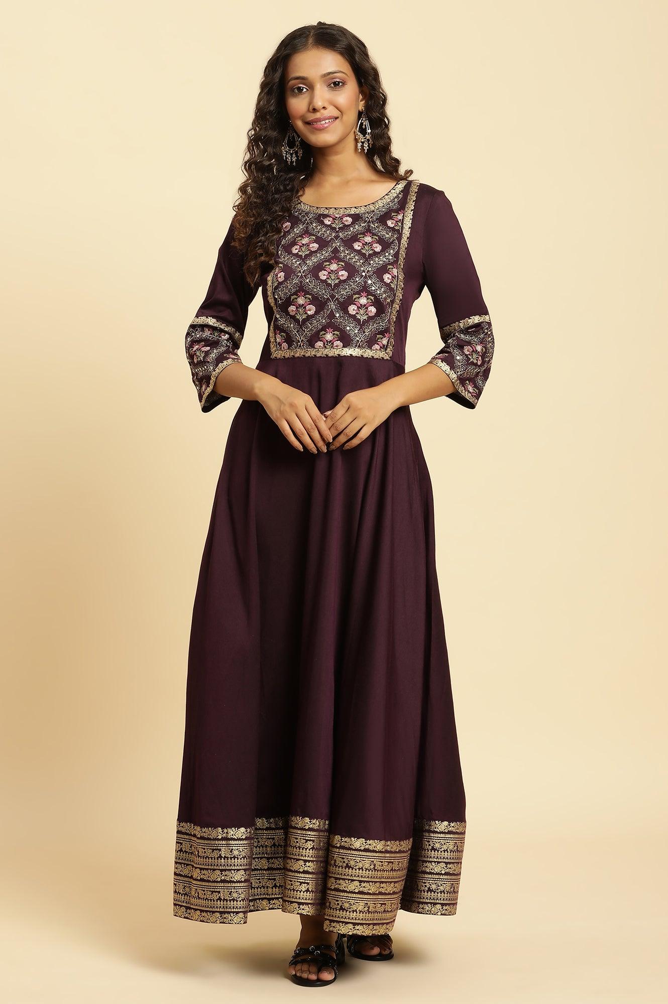 Purple Embroidered Festive Panelled Dress - wforwoman