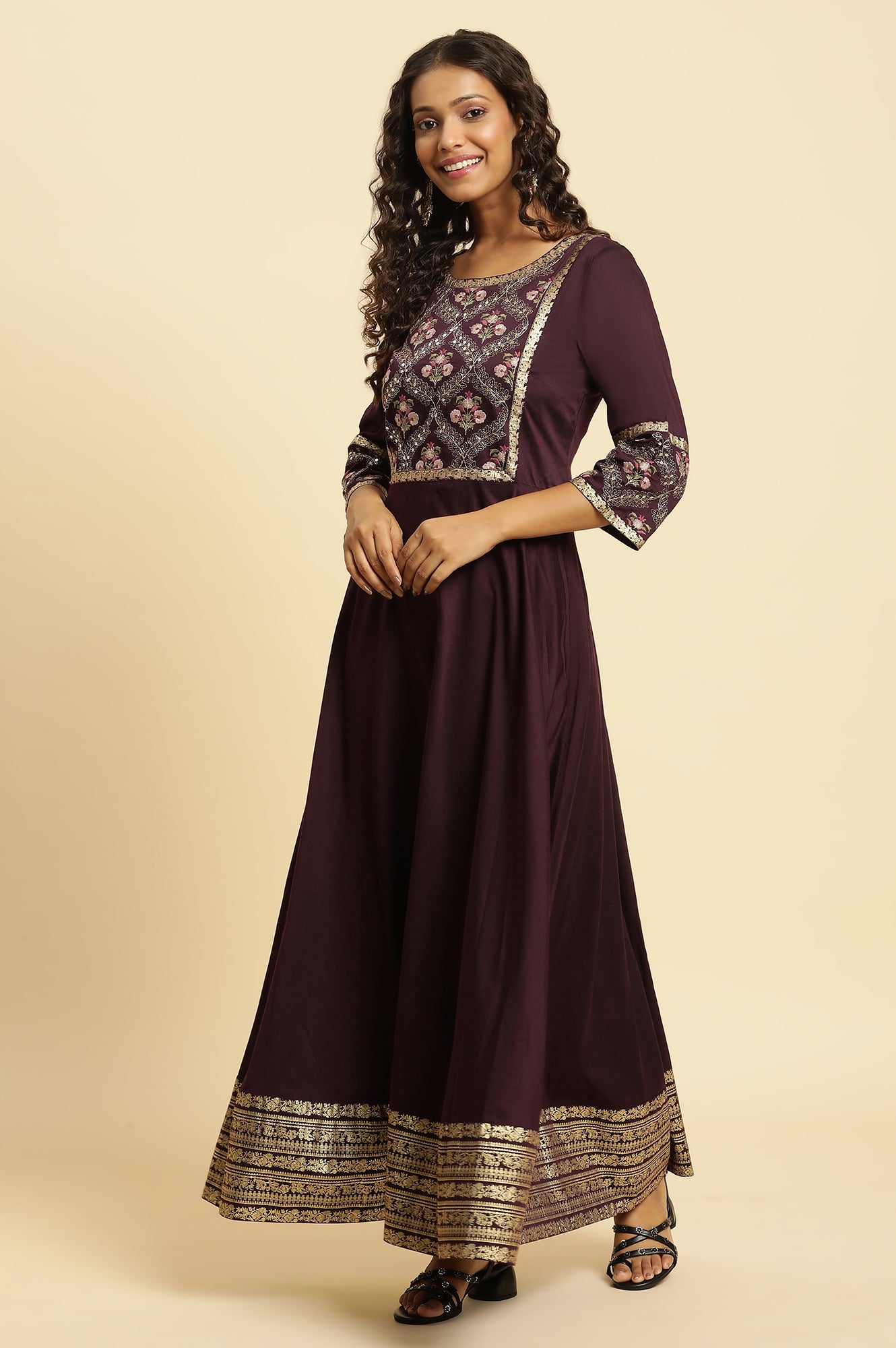 Purple Embroidered Festive Panelled Dress - wforwoman