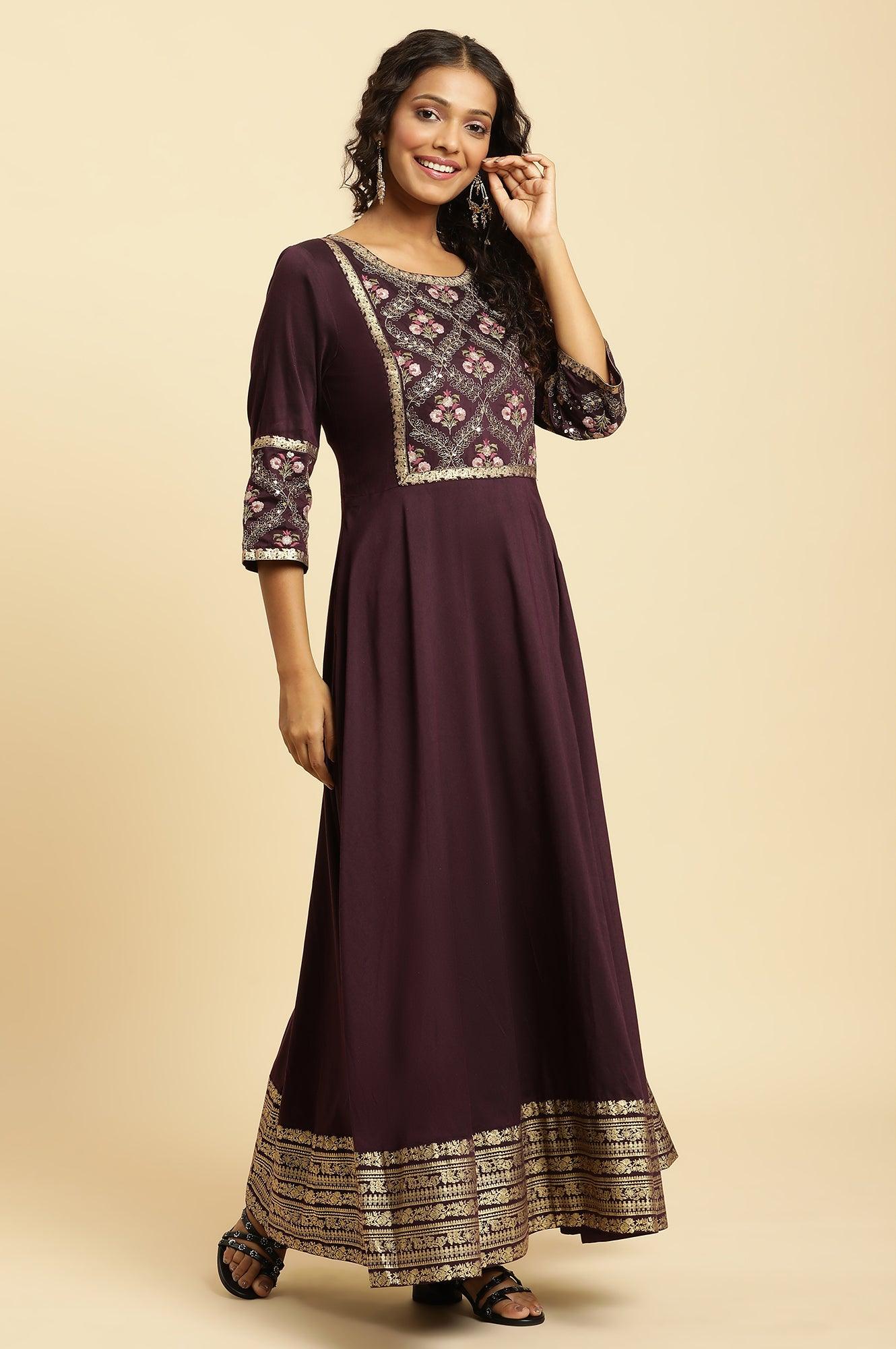 Purple Embroidered Festive Panelled Dress - wforwoman