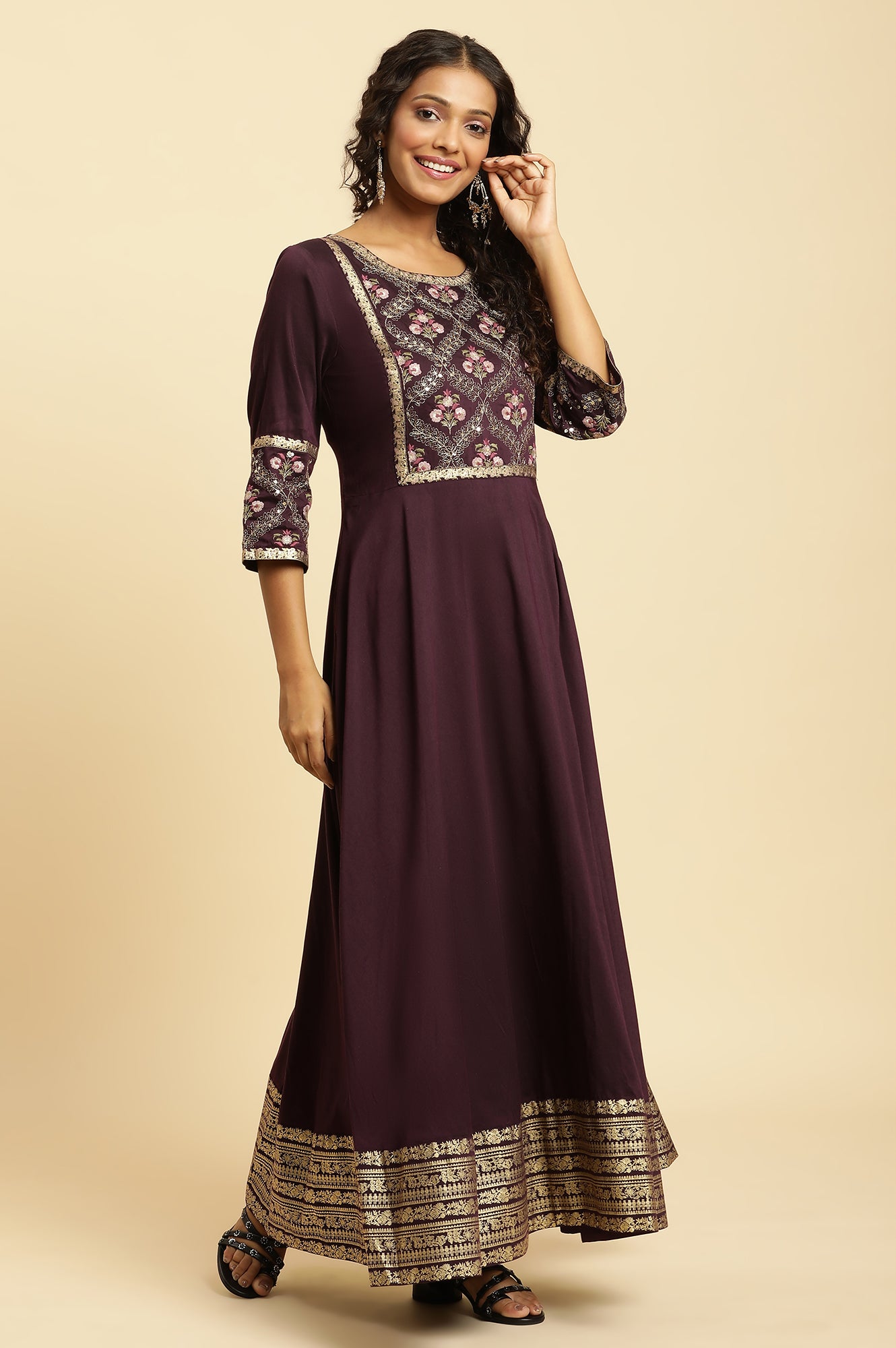 Purple Embroidered Festive Panelled Dress - wforwoman