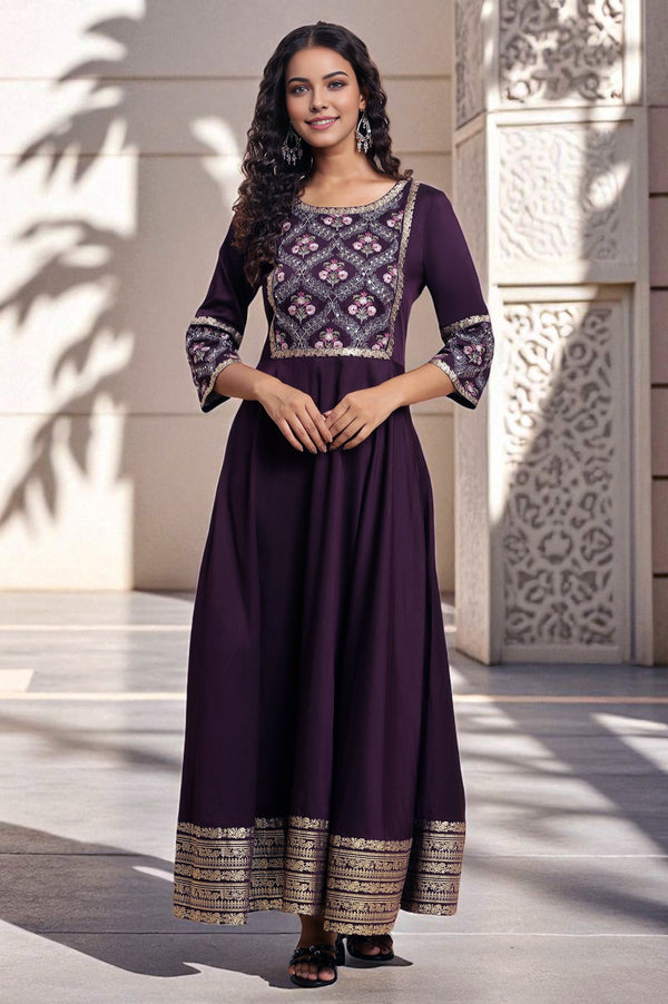 Purple Embroidered Festive Panelled Dress