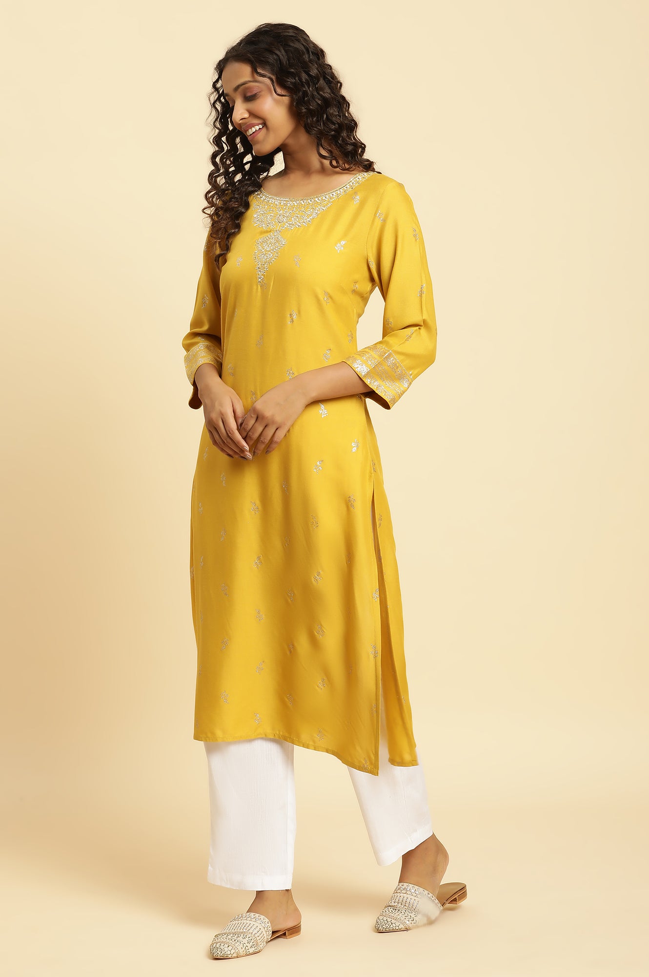 Yellow Glitter Floral Printed Kurta With Embroidered Yoke