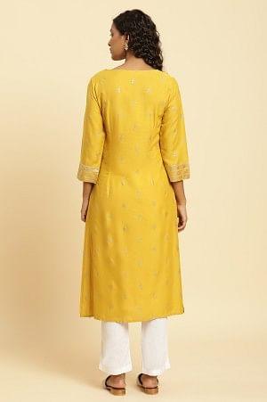 Yellow Glitter Floral Printed Kurta With Embroidered Yoke - wforwoman