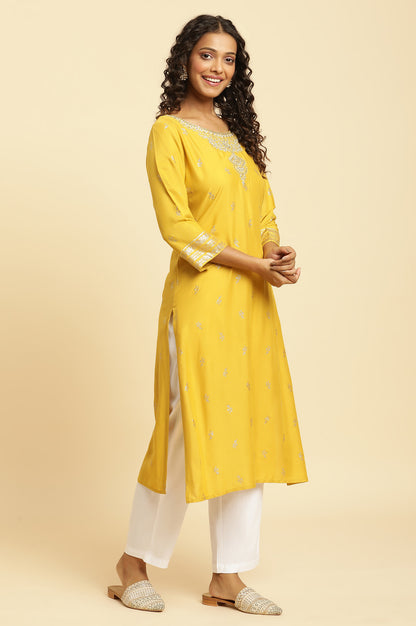 Yellow Glitter Floral Printed Kurta With Embroidered Yoke