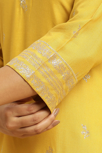 Yellow Glitter Floral Printed Kurta With Embroidered Yoke