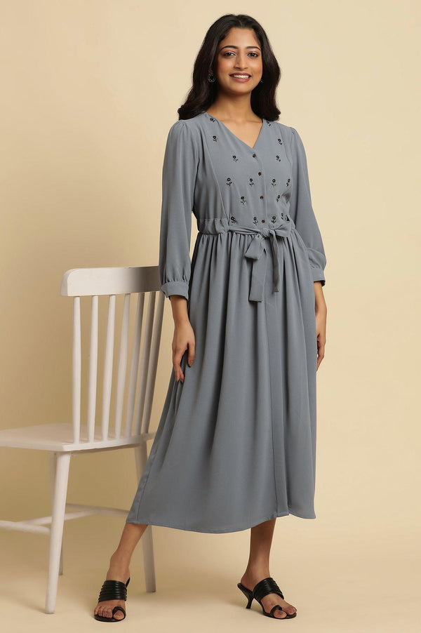 Dusk Blue Embroidered Gathered Dress