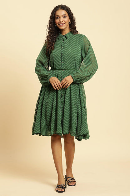 Green Shirt Collar Flared Western Dress - wforwoman