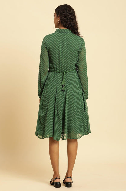 Green Shirt Collar Flared Western Dress - wforwoman