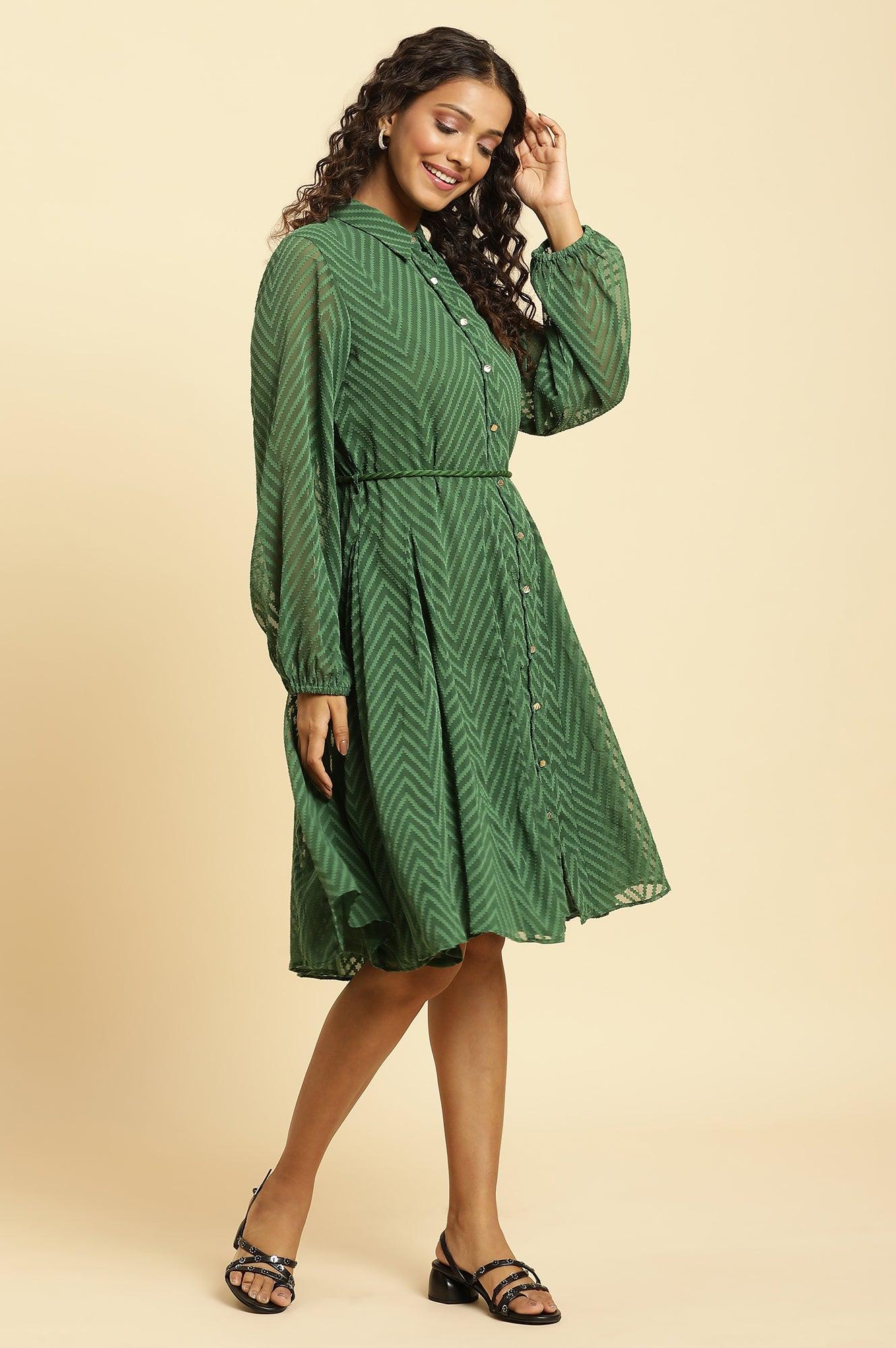 Green Shirt Collar Flared Western Dress - wforwoman