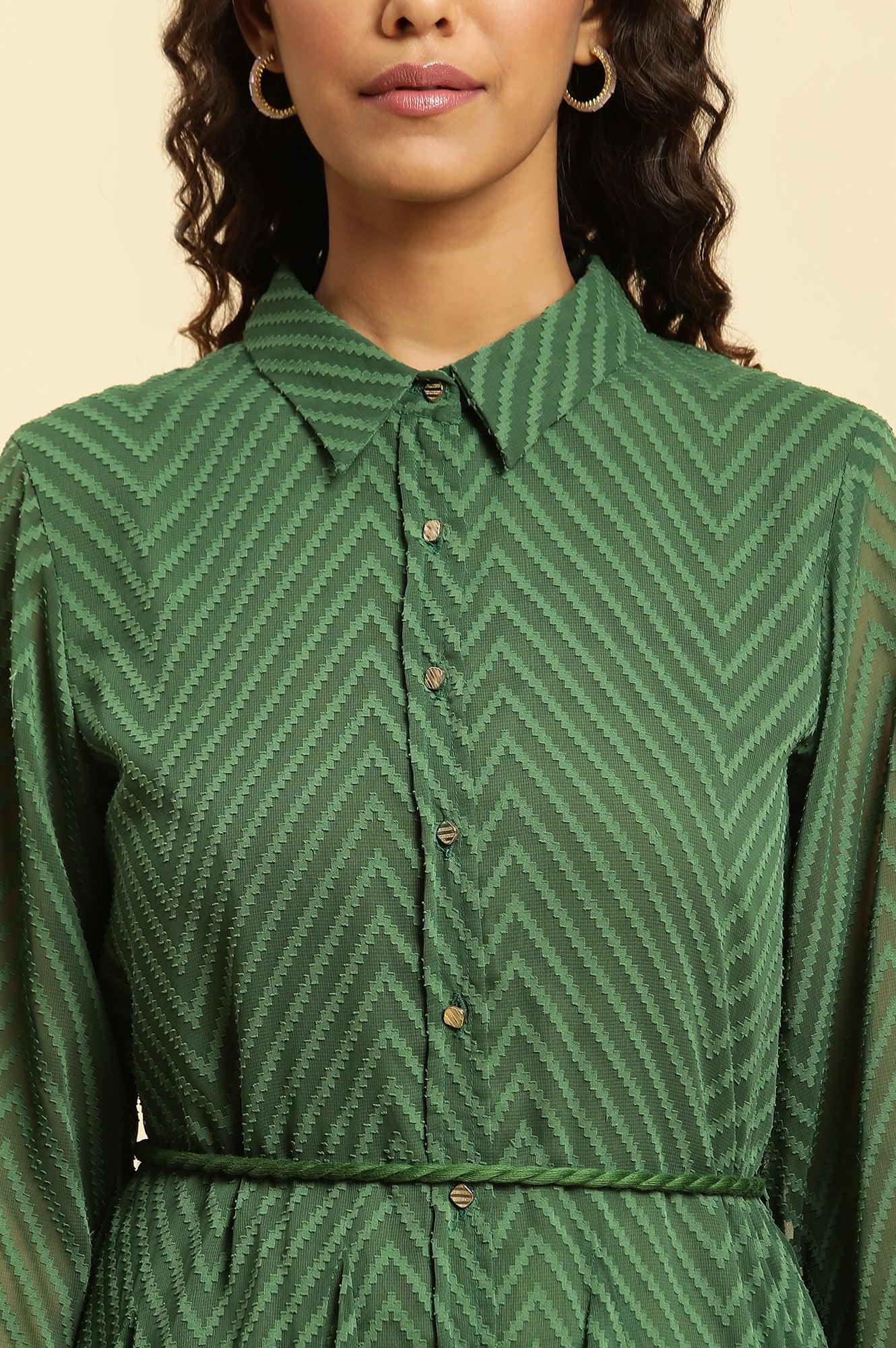 Green Shirt Collar Flared Western Dress - wforwoman