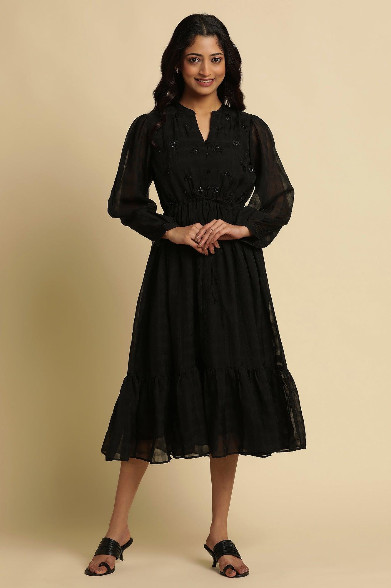 Black Embroidered Party Dress - wforwoman