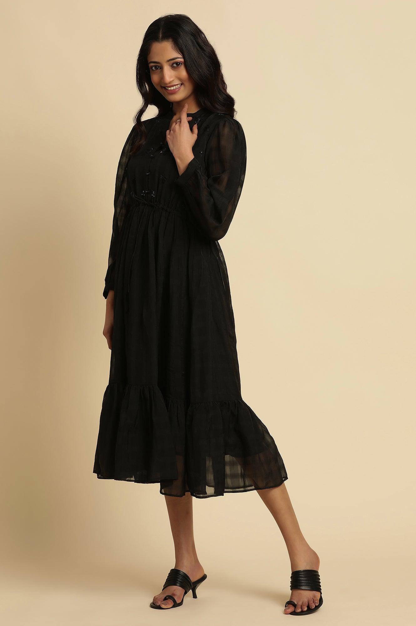 Black Embroidered Party Dress - wforwoman