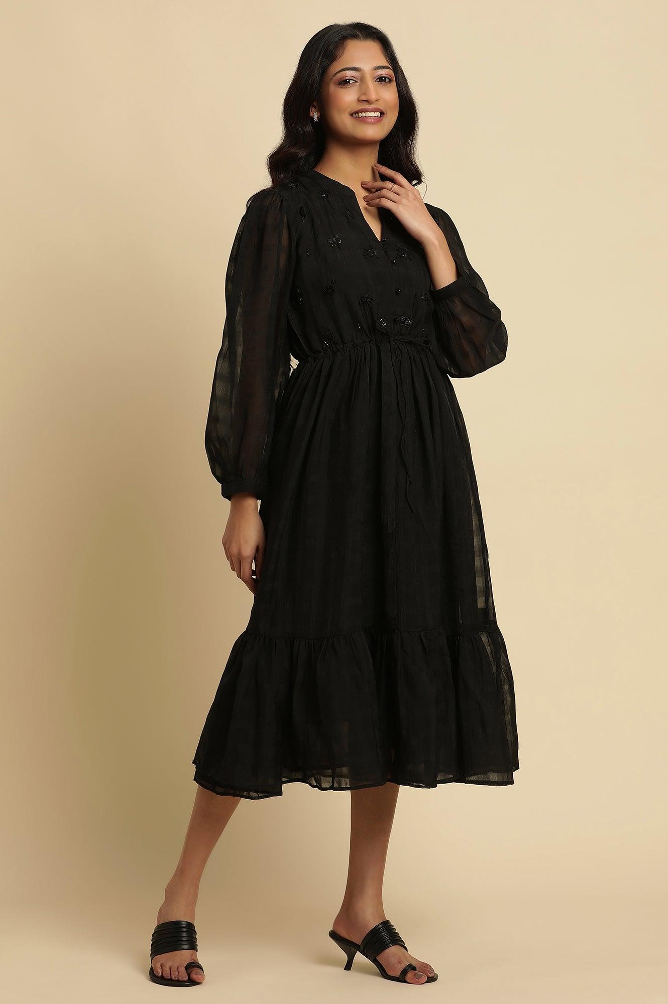 Black Embroidered Party Dress - wforwoman