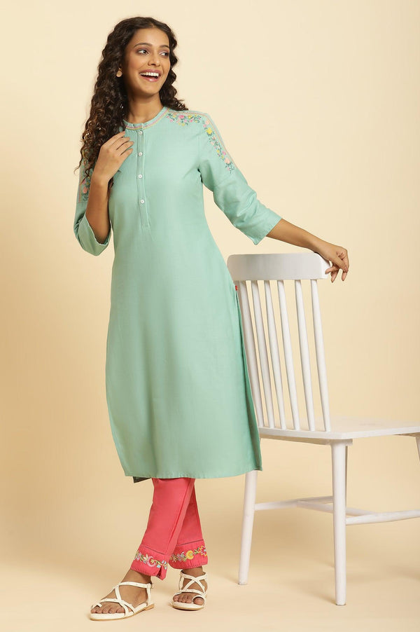 Mint Blue Solid Kurta With Embroidery On Shoulder
