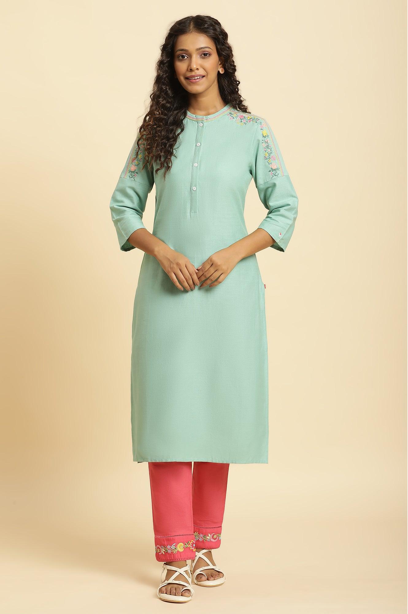 Mint Blue Solid Kurta With Embroidery On Shoulder - wforwoman