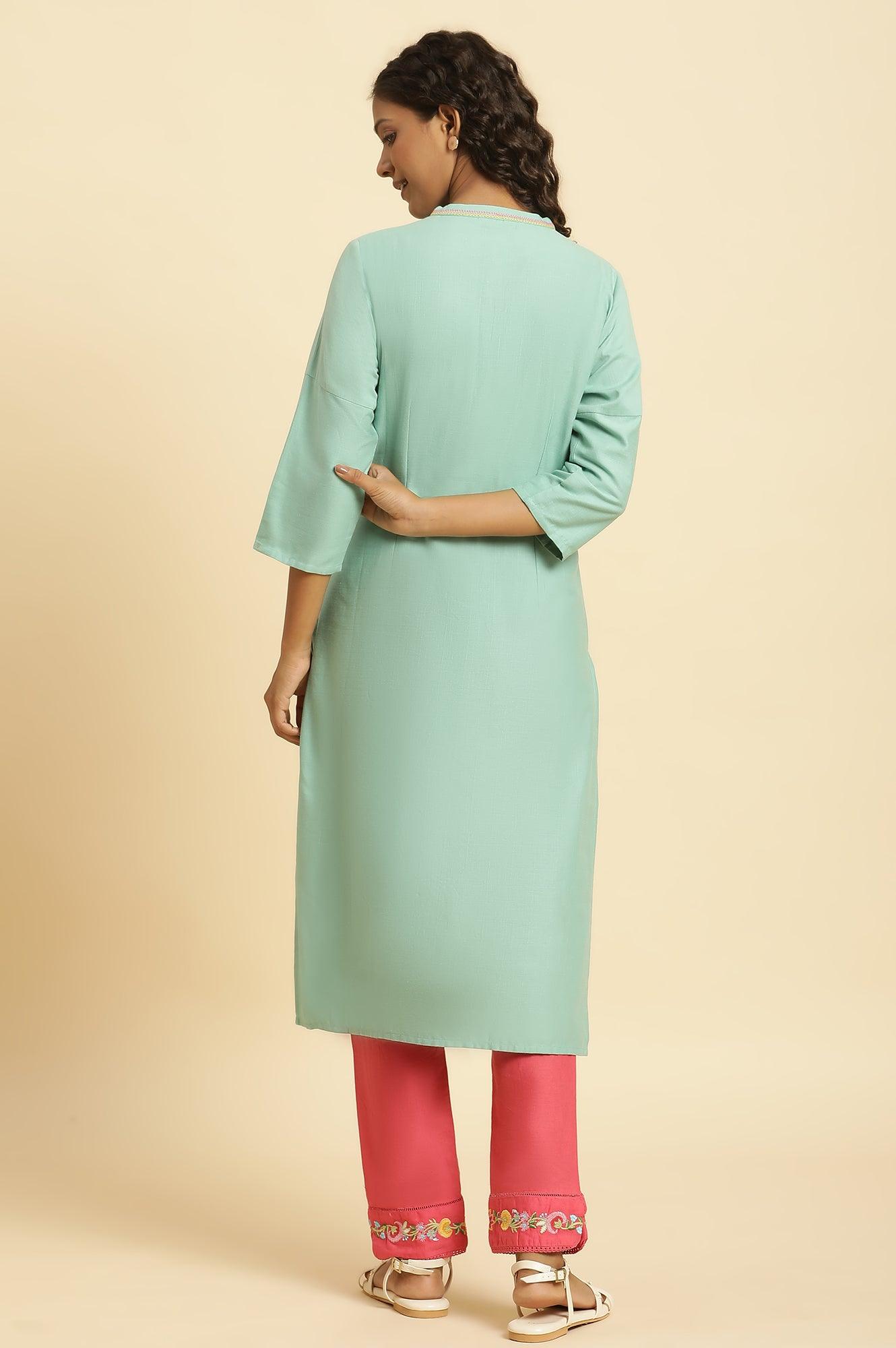Mint Blue Solid Kurta With Embroidery On Shoulder - wforwoman