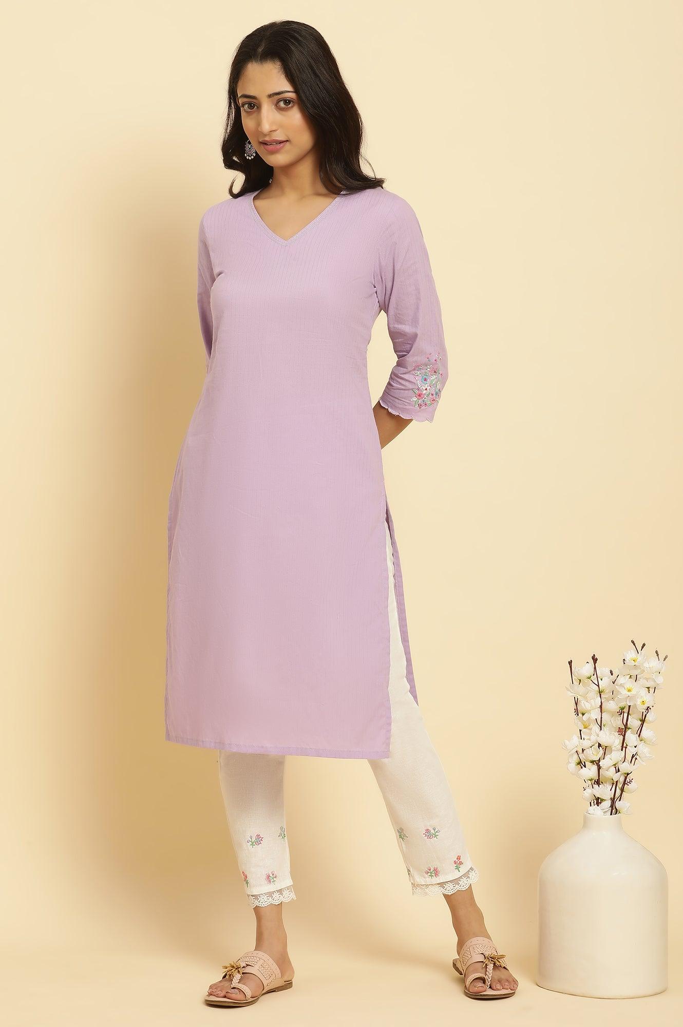 Light Purple Thread Embroidered Kurta - wforwoman