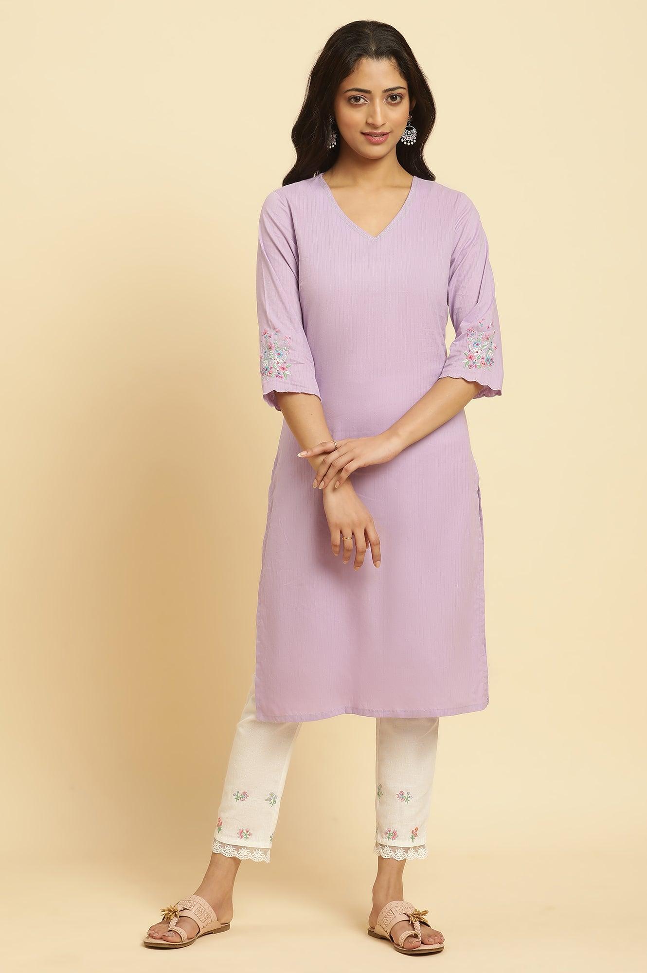 Light Purple Thread Embroidered Kurta - wforwoman