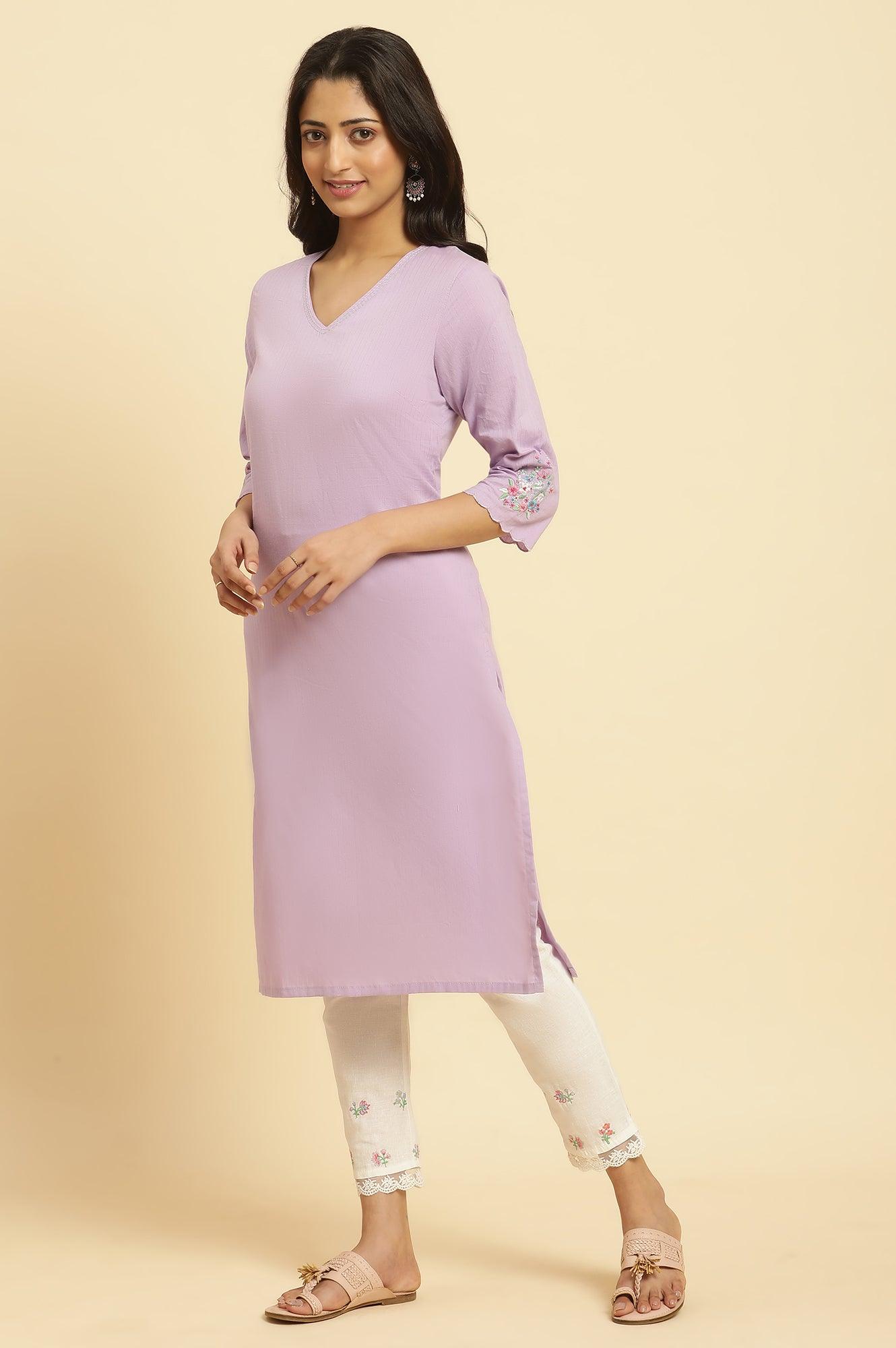 Light Purple Thread Embroidered Kurta - wforwoman