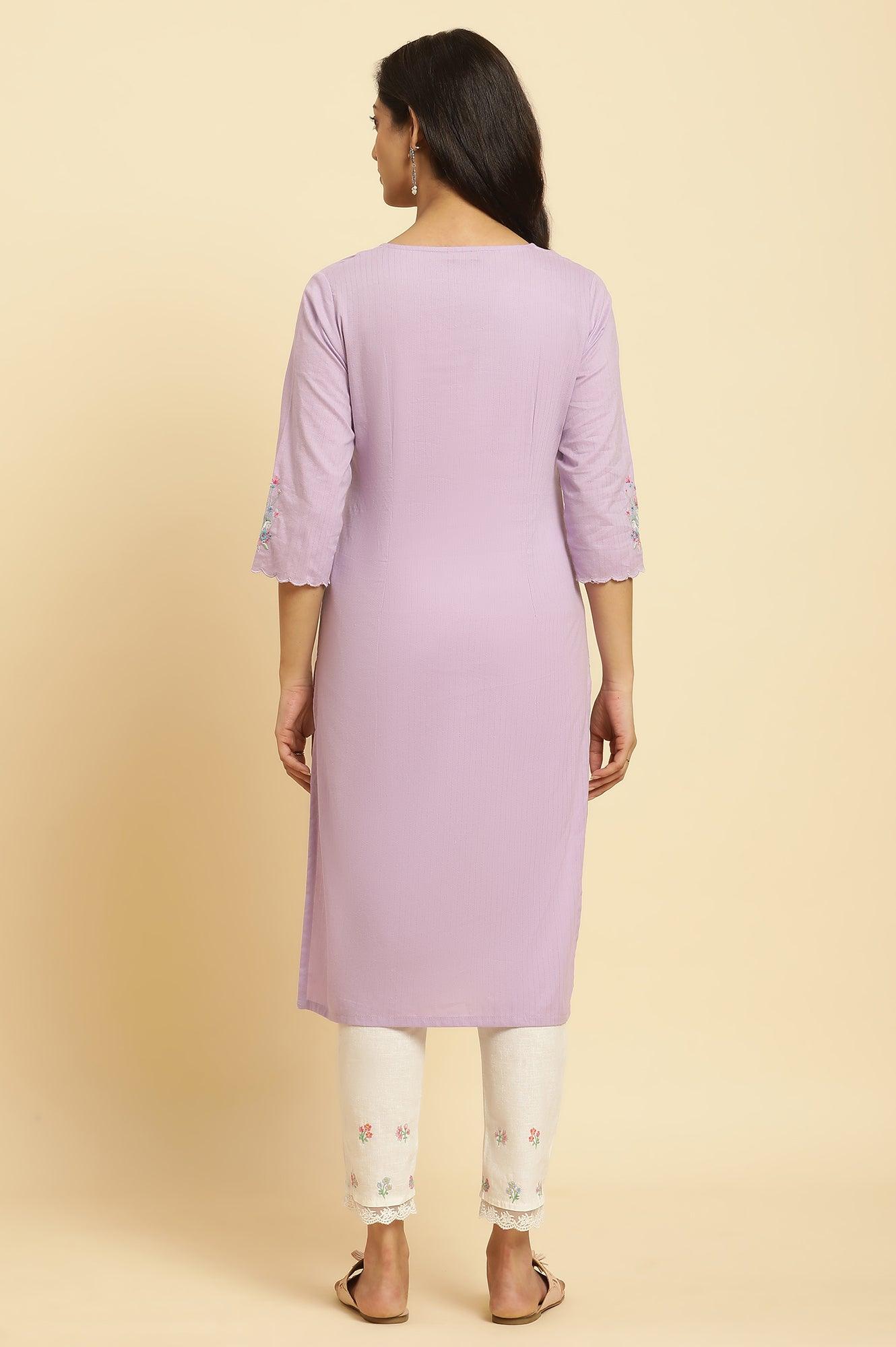 Light Purple Thread Embroidered Kurta - wforwoman