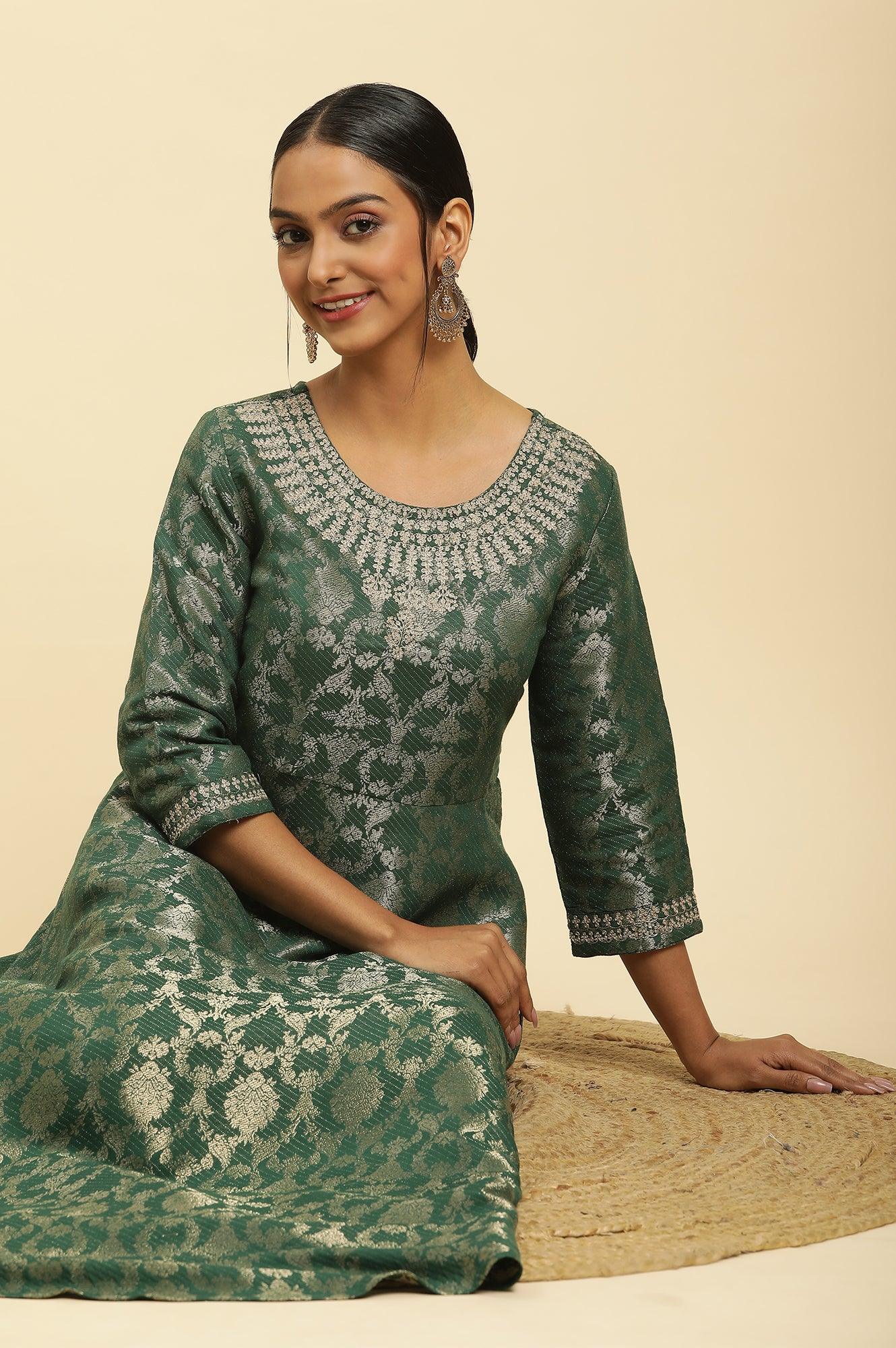 Green Jacquard Embroidered Ethnic Dress - wforwoman