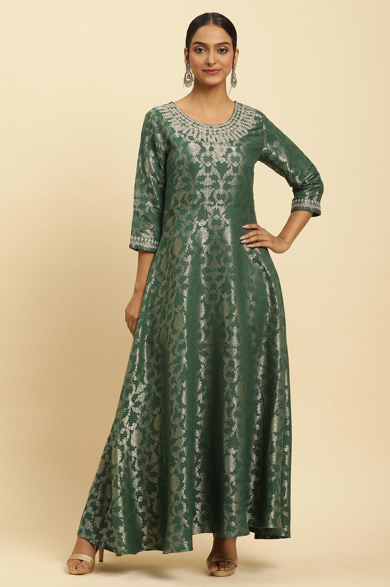 Green Jacquard Embroidered Ethnic Dress - wforwoman