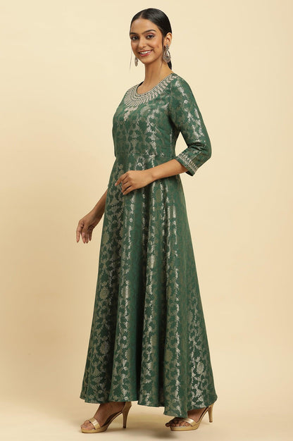 Green Jacquard Embroidered Ethnic Dress - wforwoman