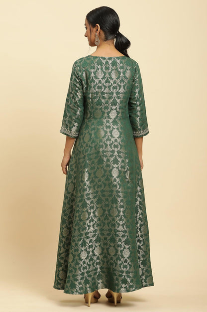 Green Jacquard Embroidered Ethnic Dress - wforwoman