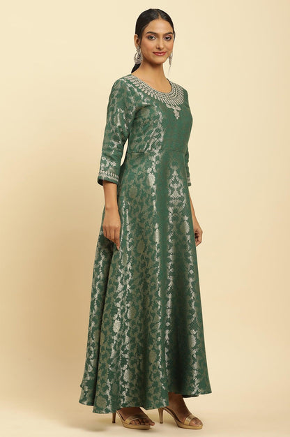 Green Jacquard Embroidered Ethnic Dress - wforwoman