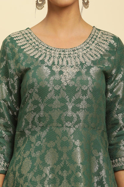 Green Jacquard Embroidered Ethnic Dress - wforwoman