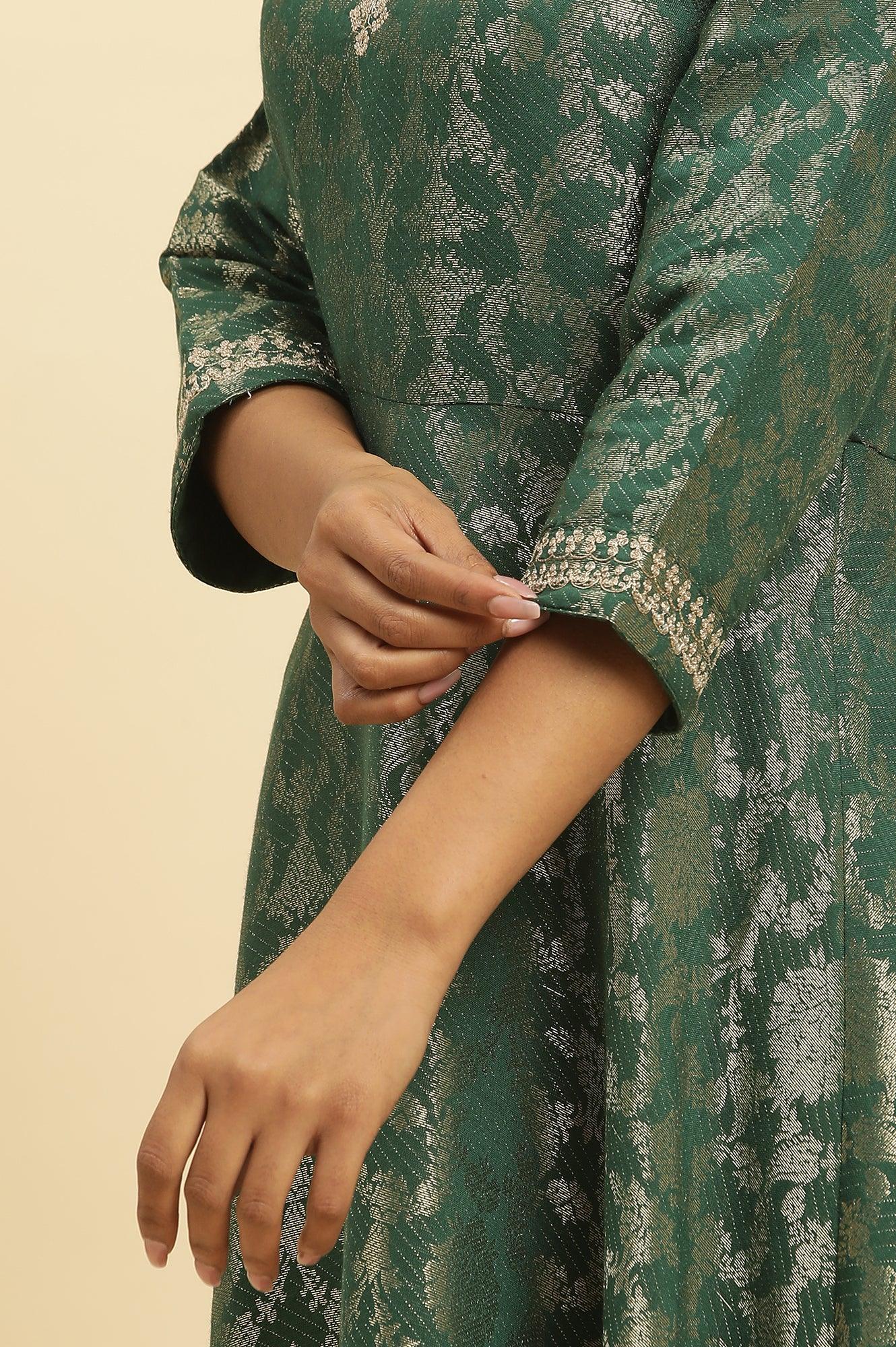 Green Jacquard Embroidered Ethnic Dress - wforwoman