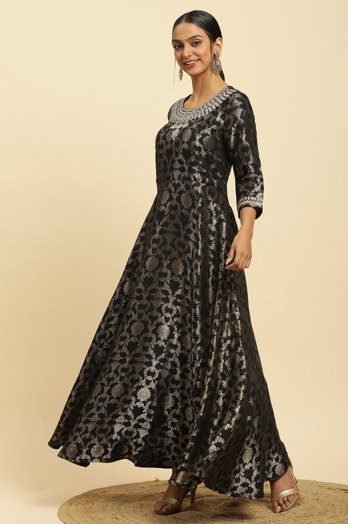 Black Jacquard Embroidered Ethnic Dress - wforwoman