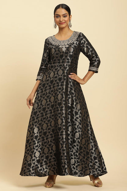 Black Jacquard Embroidered Ethnic Dress - wforwoman