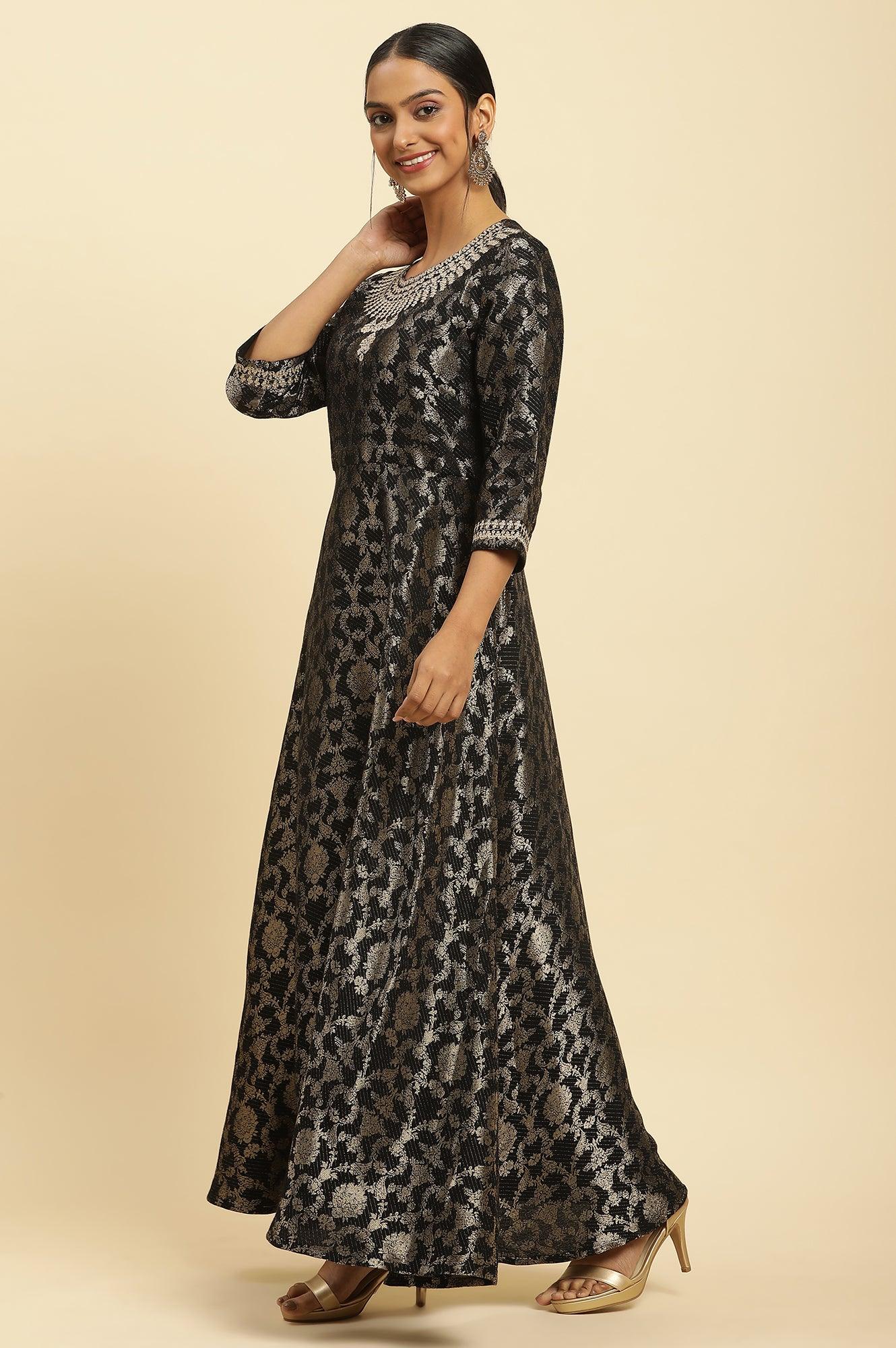 Black Jacquard Embroidered Ethnic Dress - wforwoman