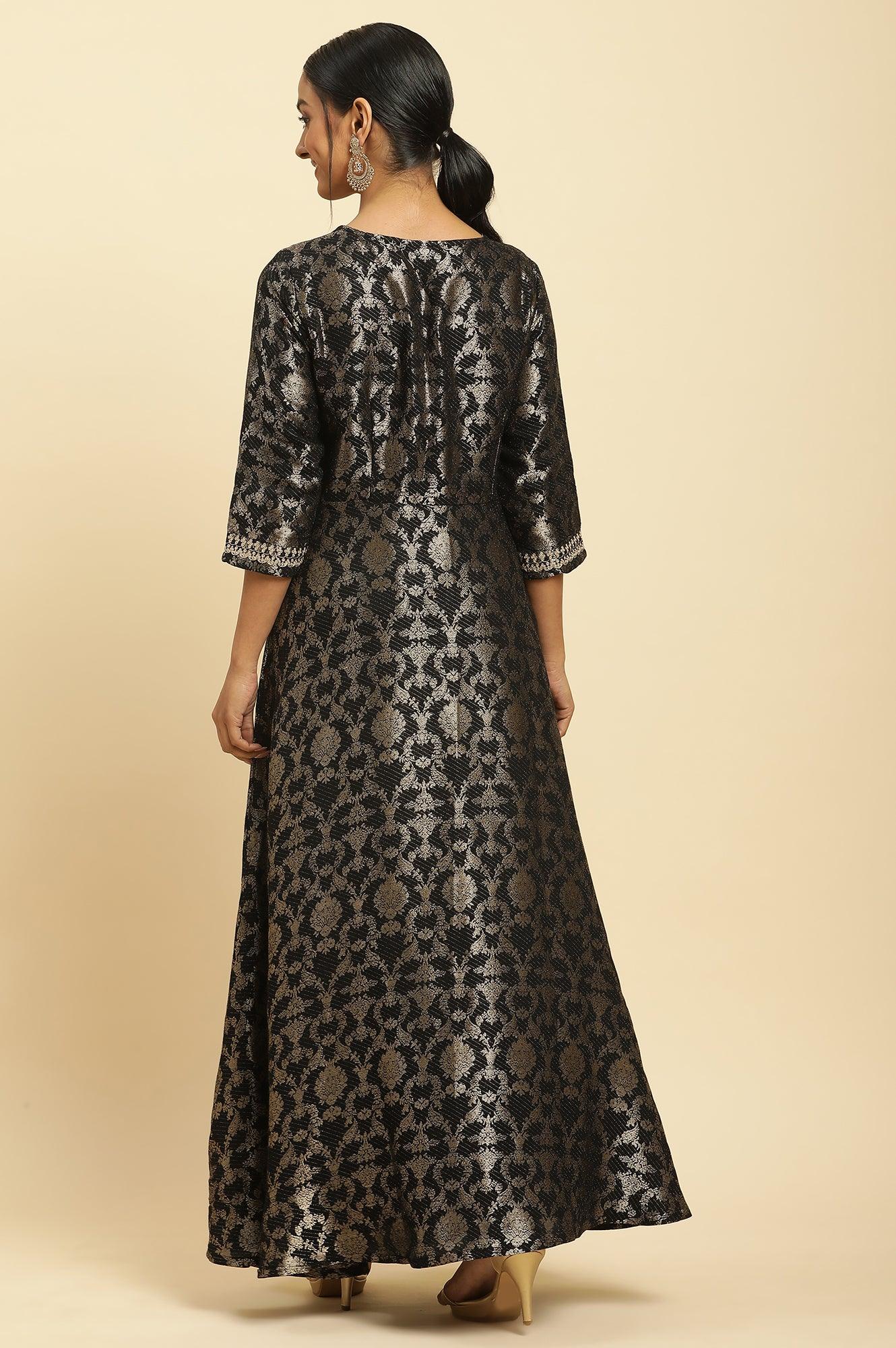 Black Jacquard Embroidered Ethnic Dress - wforwoman